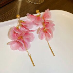 Pink Yarn cloth flower tassel earring